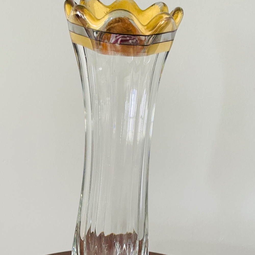 Vintage glass vase with vertical ribs and gilded rim and base, Vintage Tall Vase